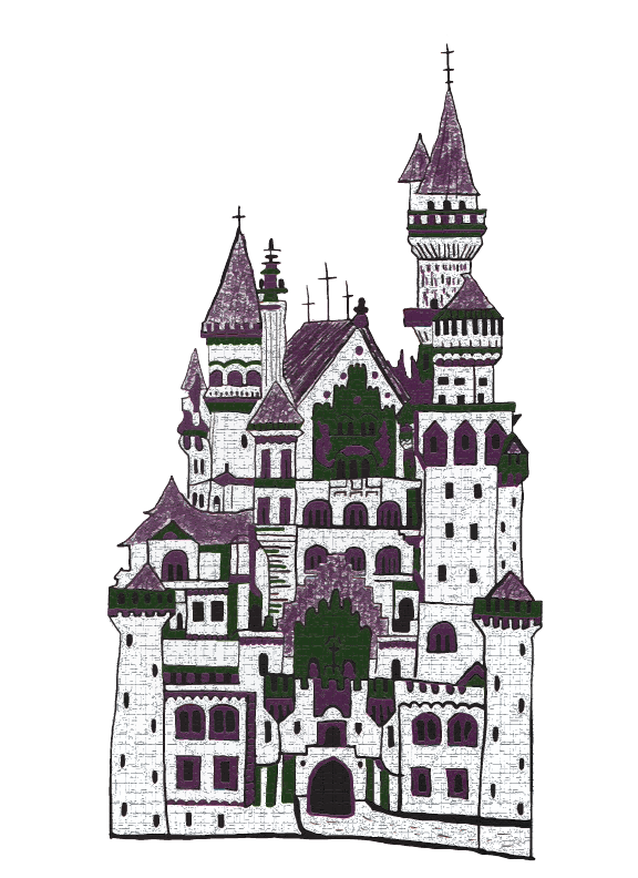 Old victorian style castle in color and black and white.